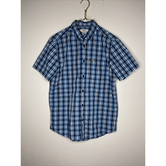 Mens Fjallraven Blue Plaid Short Sleeve Ovik Shirt Small S Regular Fit - Picture 1 of 11